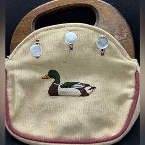 Embroidered Duck Canvas Bermuda Bag 80s Wood Handle Purse Small